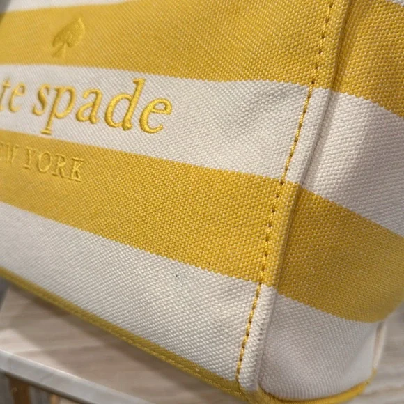 Kate Spade Bag Yellow White Striped Canvas Logo Small Tote Bag - Picture 9 of 17